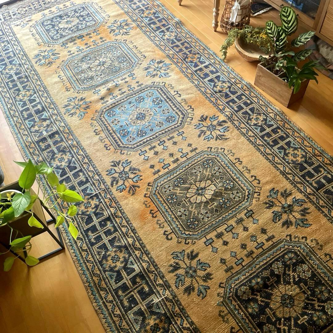 超特大140×366 くすみイエローベージュ　ボタニカル　トルコヴィンテージラグ