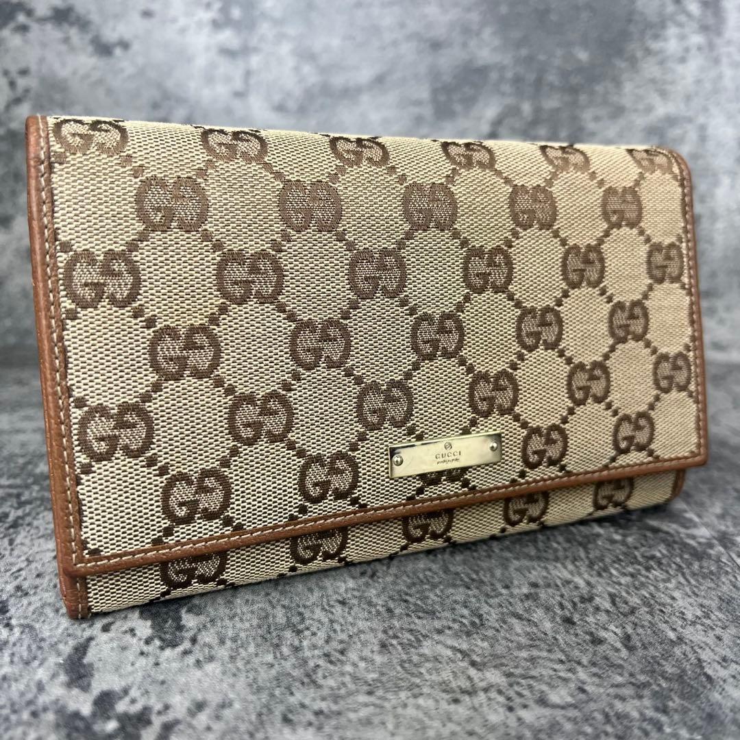 GUCCI GGキャンバス がま口 レザー 長財布 ブラウン