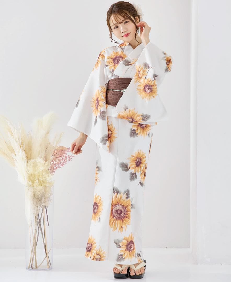新品 浴衣 セット 浴衣セット ゆかた 大人 レディース 白 向日葵 Y4-53