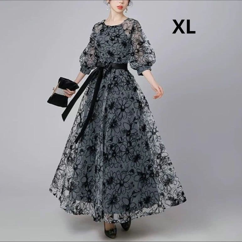 新品✨パーティードレス 七分丈 ロング ワンピース 花柄 結婚式 発表会 XL