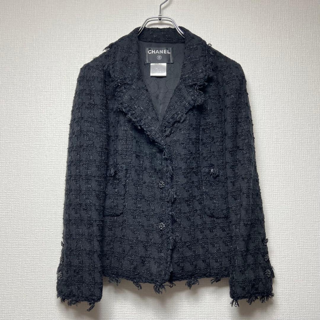 カメリアボタン✨ CHANEL シャネル ツイードフリンジジャケット 05C 黒