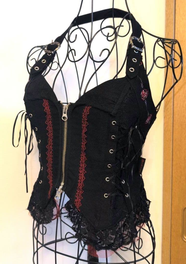 OzzCroce ホルターネックビスチェ 薔薇刺繍 レース装飾付