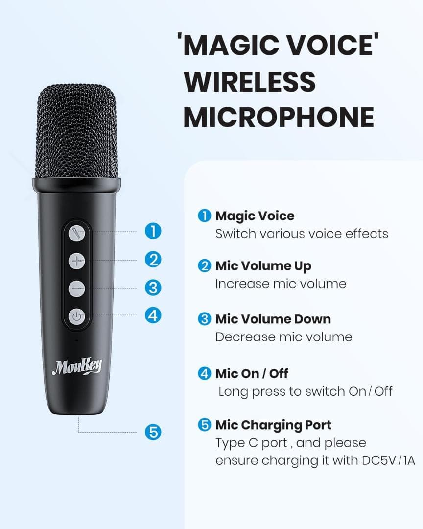 Moukey カラオケマシン、ストラップ付きポータブルBluetooth PA