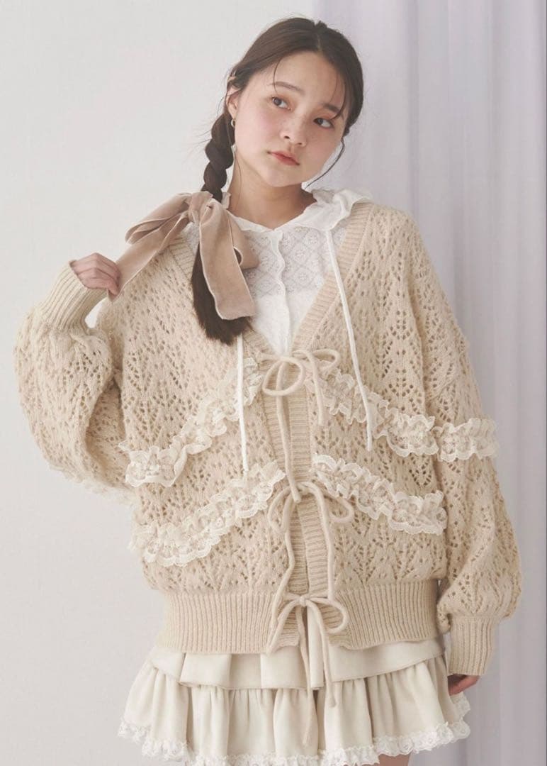 merry jenny透かし編みフリルニットカーディガン