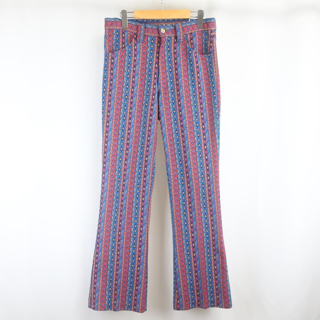 70s VINTAGE ネイティブ 総柄 ストライプ ブーツカットフレア パンツ