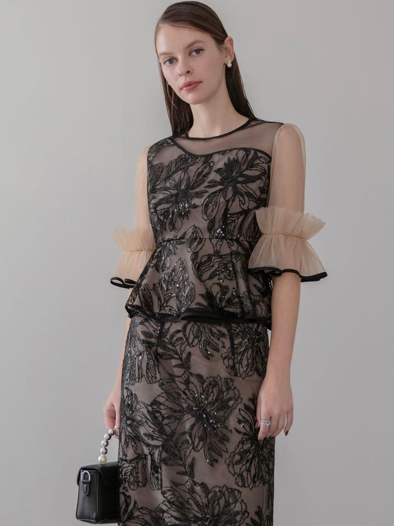 アシンメトリーシアーフラワースパンコールフリルチュール セットアップドレス結婚式