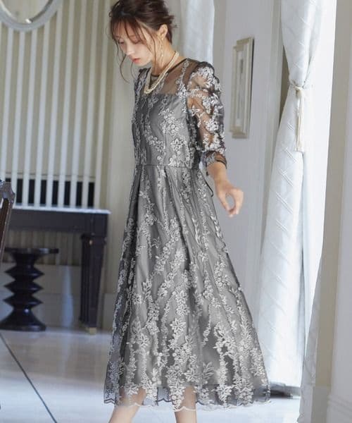 【niana】刺繡レース バックリボン パーティードレス 結婚式 オケージョン