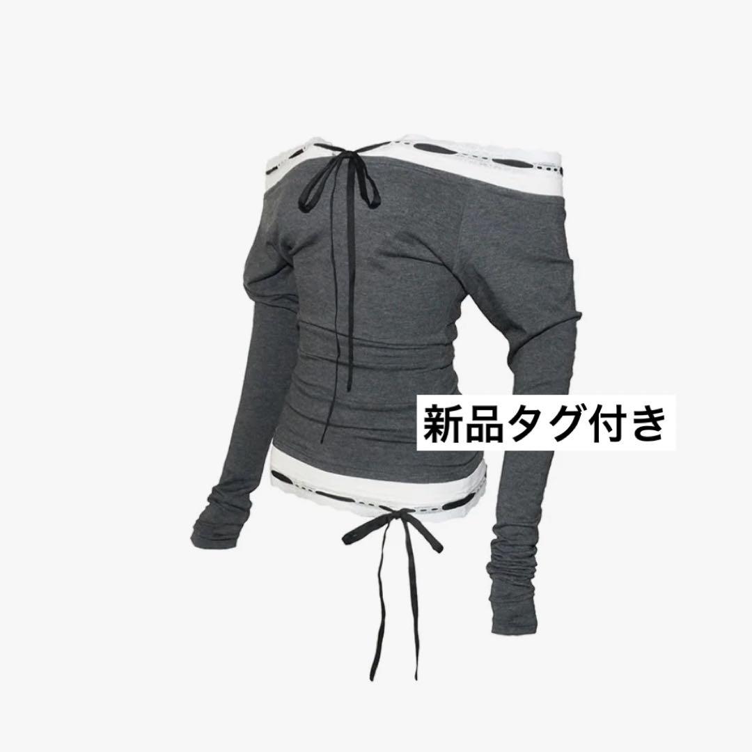 トップス S lace trim off shoulder tops (gray)