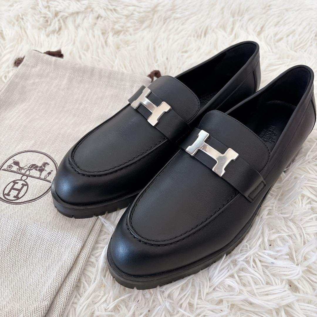 新品　エルメス　モカシン パリローファー　ノワール　黒　シルバー　38.5