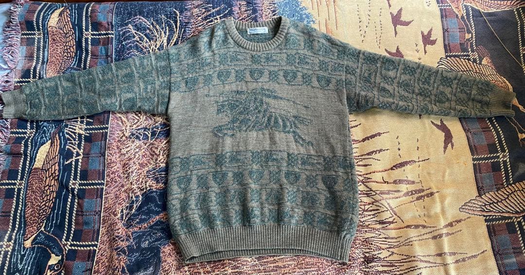【英国製】80s 90s 希少柄 Burberrys ニット•セーター グリーン