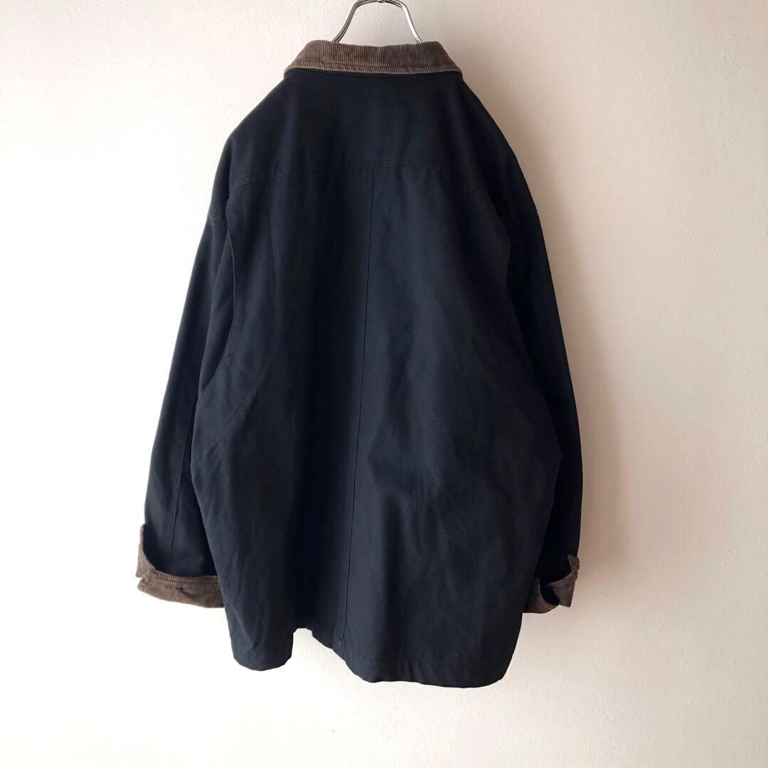 雰囲気抜群 コーデュロイ襟 ブラックカバーオール 裏地チェック 一点物 古着 黒