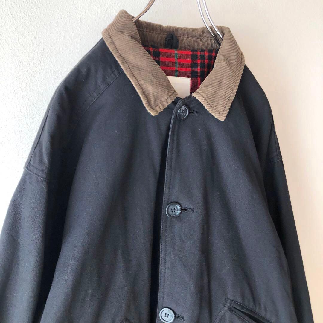 雰囲気抜群 コーデュロイ襟 ブラックカバーオール 裏地チェック 一点物 古着 黒