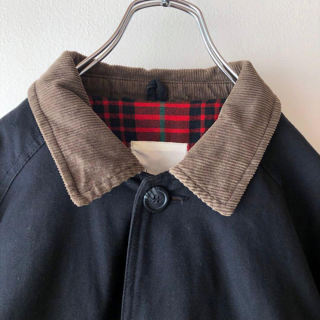 雰囲気抜群 コーデュロイ襟 ブラックカバーオール 裏地チェック 一点物 古着 黒