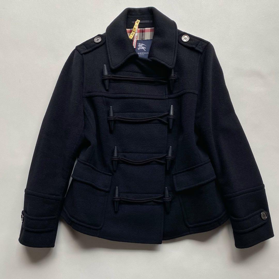 【美品/大きいサイズ44】バーバリー メガチェック ペプラム ダッフルコート 黒
