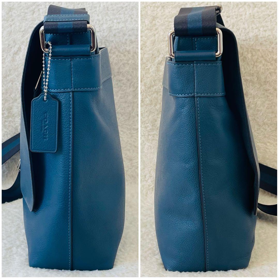 【美品】coach ショルダーバッグ オールレザー くすみブルー 斜め掛け