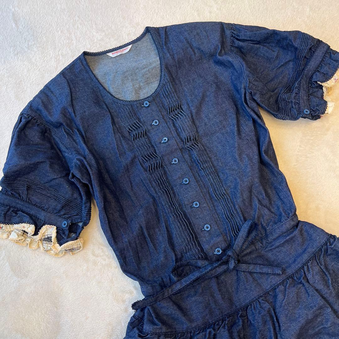 【美品】ワンダフルワールド ピコルリル使いデニム段々ワンピース