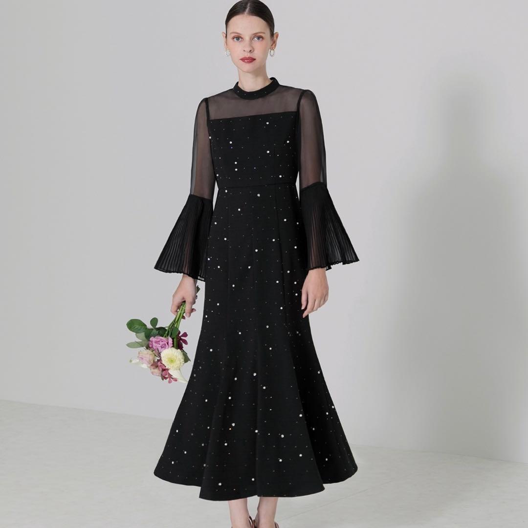 Leja パールビジュー付き透け感プリーツフレアスリーブビーズマーメイドドレス