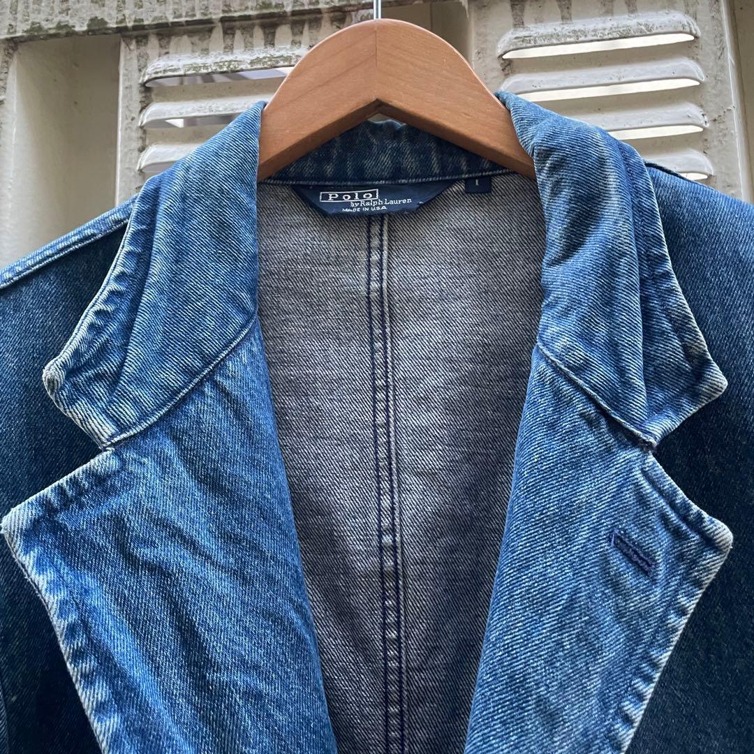 80-90s ラルフローレン USA製　デニムテーラードJKT L 三角タグ