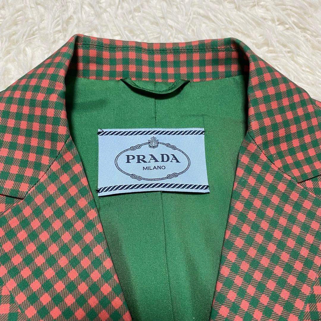 美品 PRADA プラダ テーラードジャケット チェック オレンジ グリーン