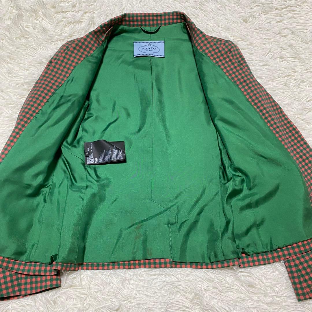 美品 PRADA プラダ テーラードジャケット チェック オレンジ グリーン