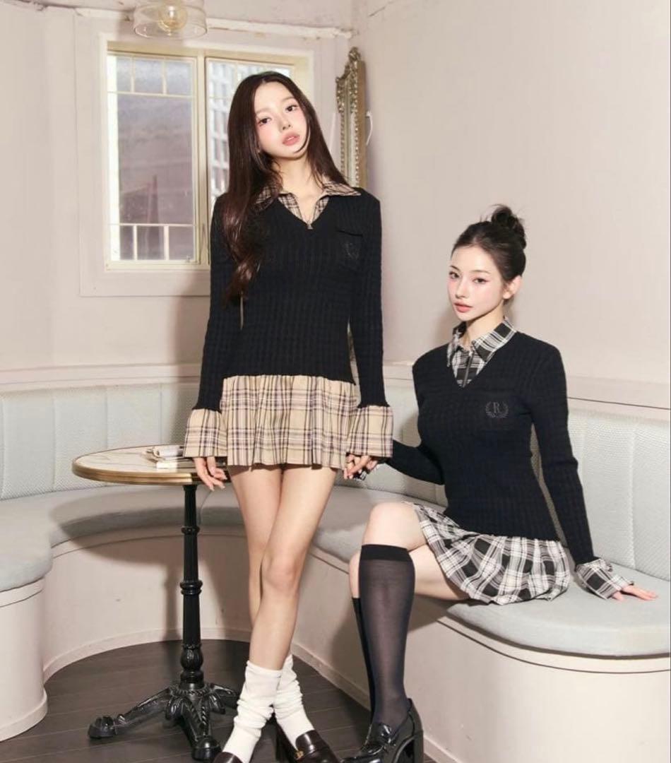 新品タグ付き Randy カービーニットチェックドッキングワンピース ベージュ