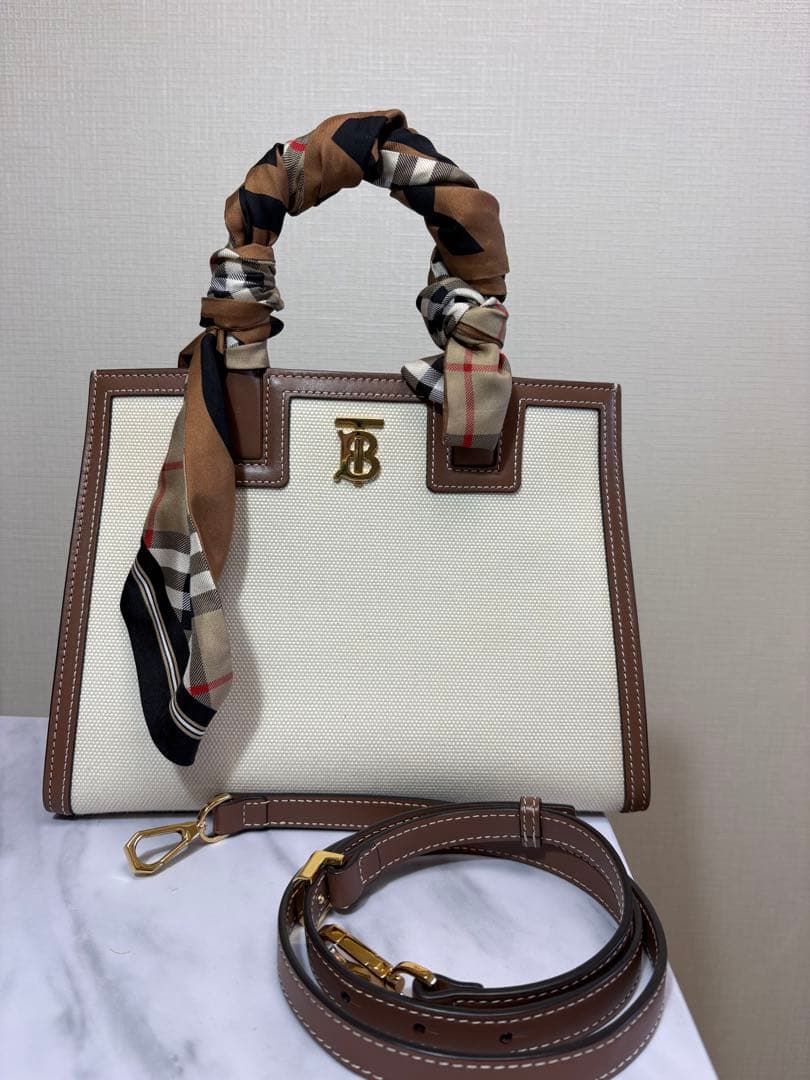 BURBERRYハンドバッグ キャンバス×レザー チェック スカーフ付き 美品