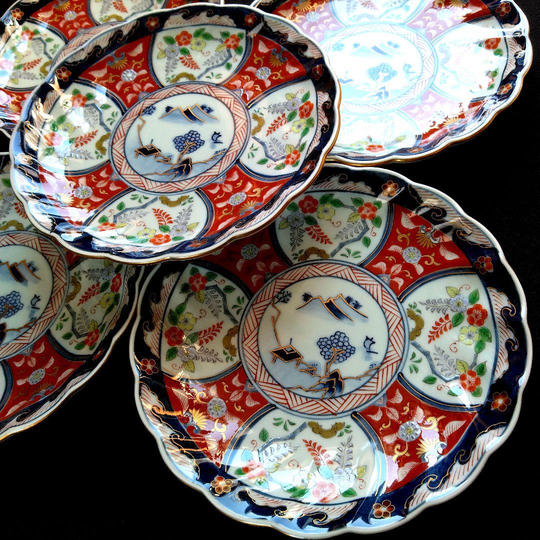 古伊万里 瀬兵窯 絢爛豪華 色絵 菊割 Ф20.2㎝ 銘々皿 5客揃 中皿 真作