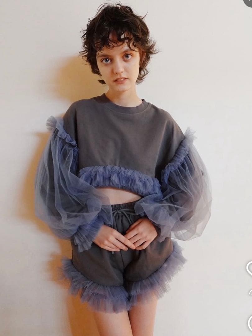 新品 VIVIANO Cropped Tulle Sweatshirt gray