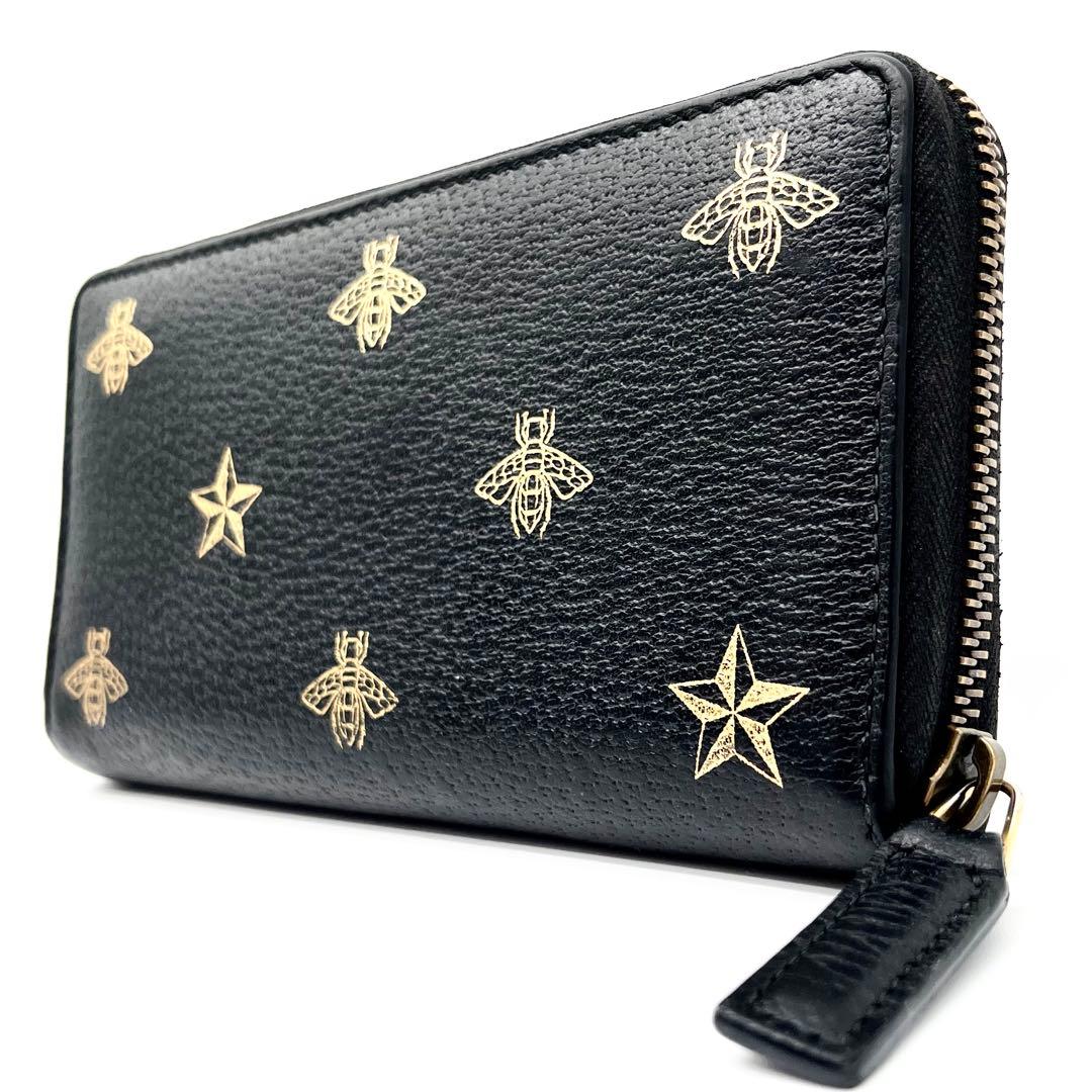 極美品GUCCI ラウンドファスナー　アニマリエ ビー スター レザー 黒