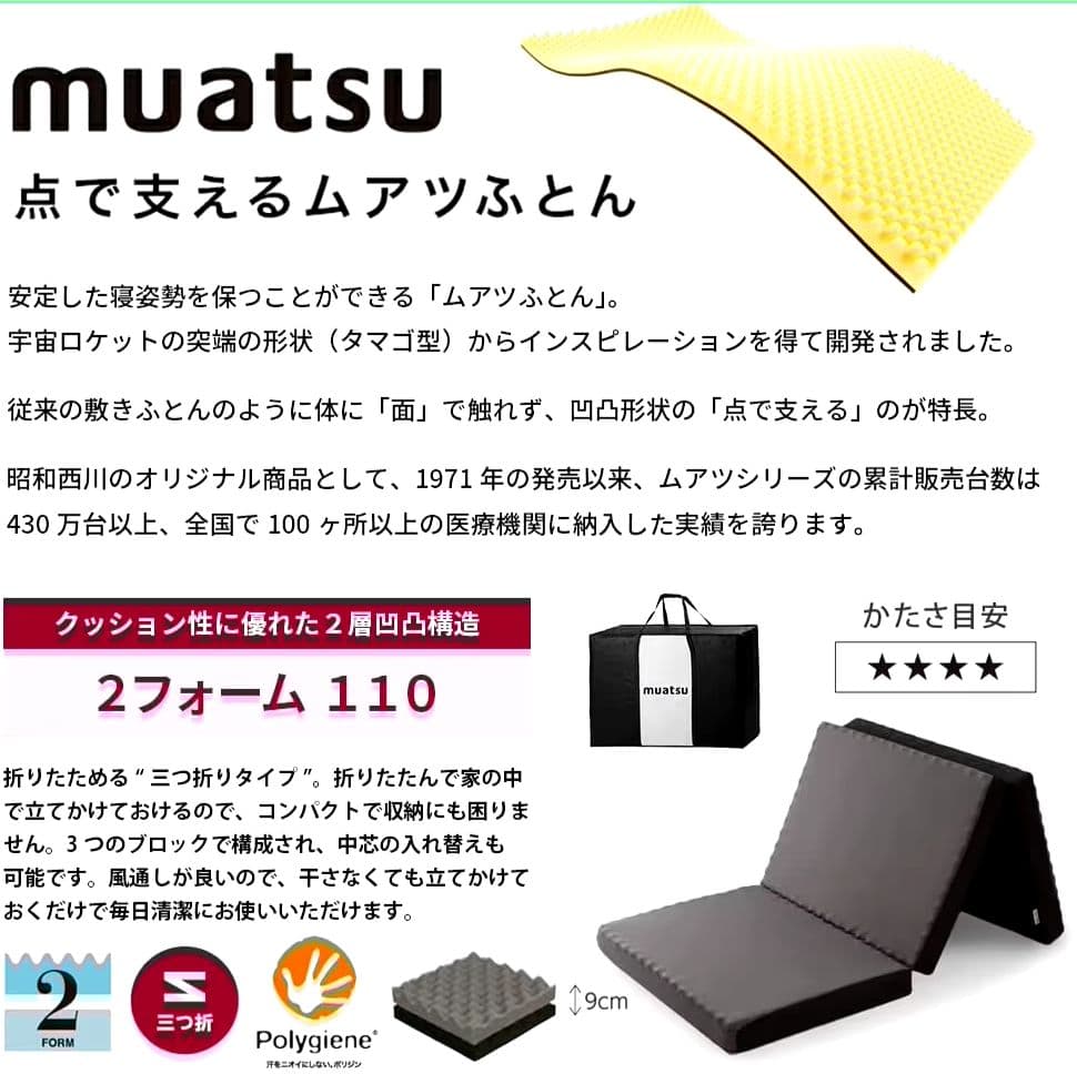 ムアツ マットレス シングル 三つ折り 体圧分散 レギュラー
