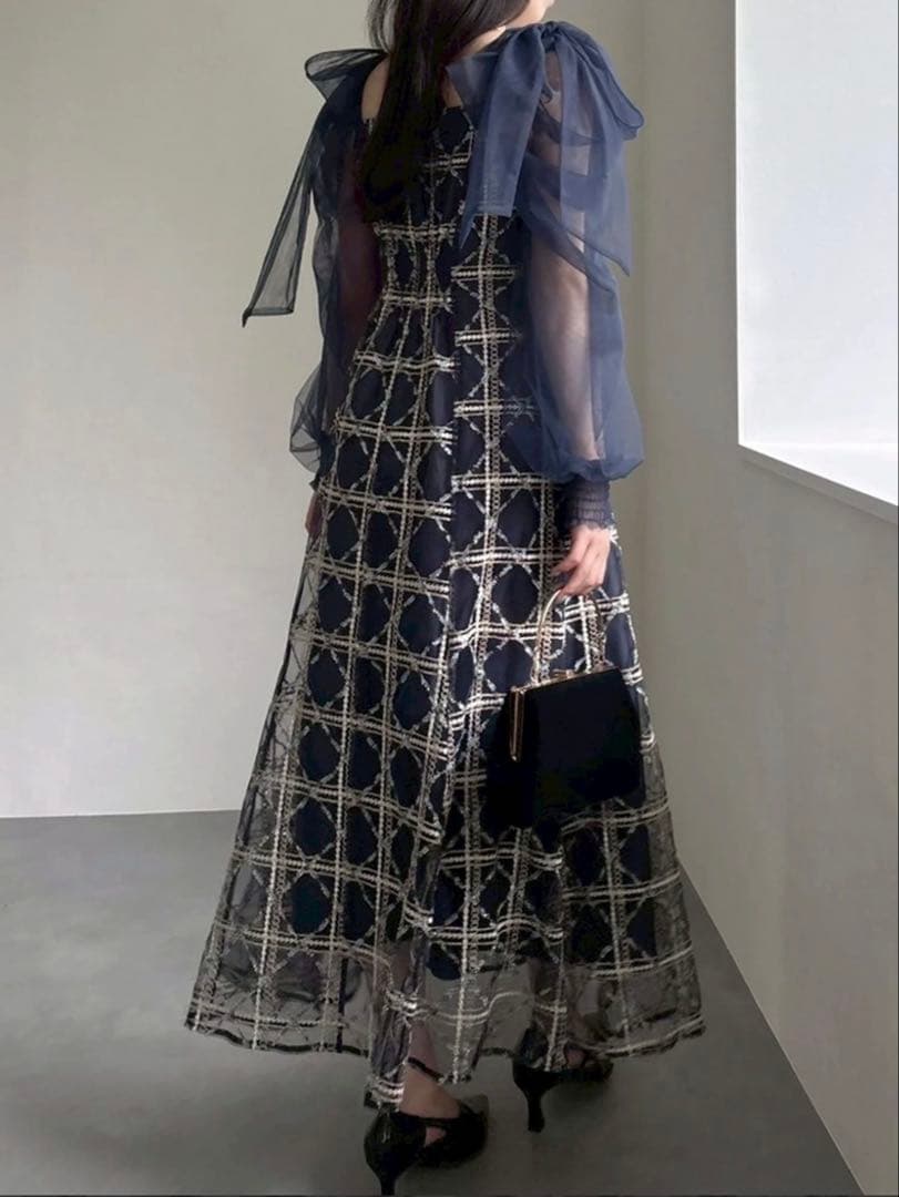 dazzlin レースリボンオフショルドレス ネイビー