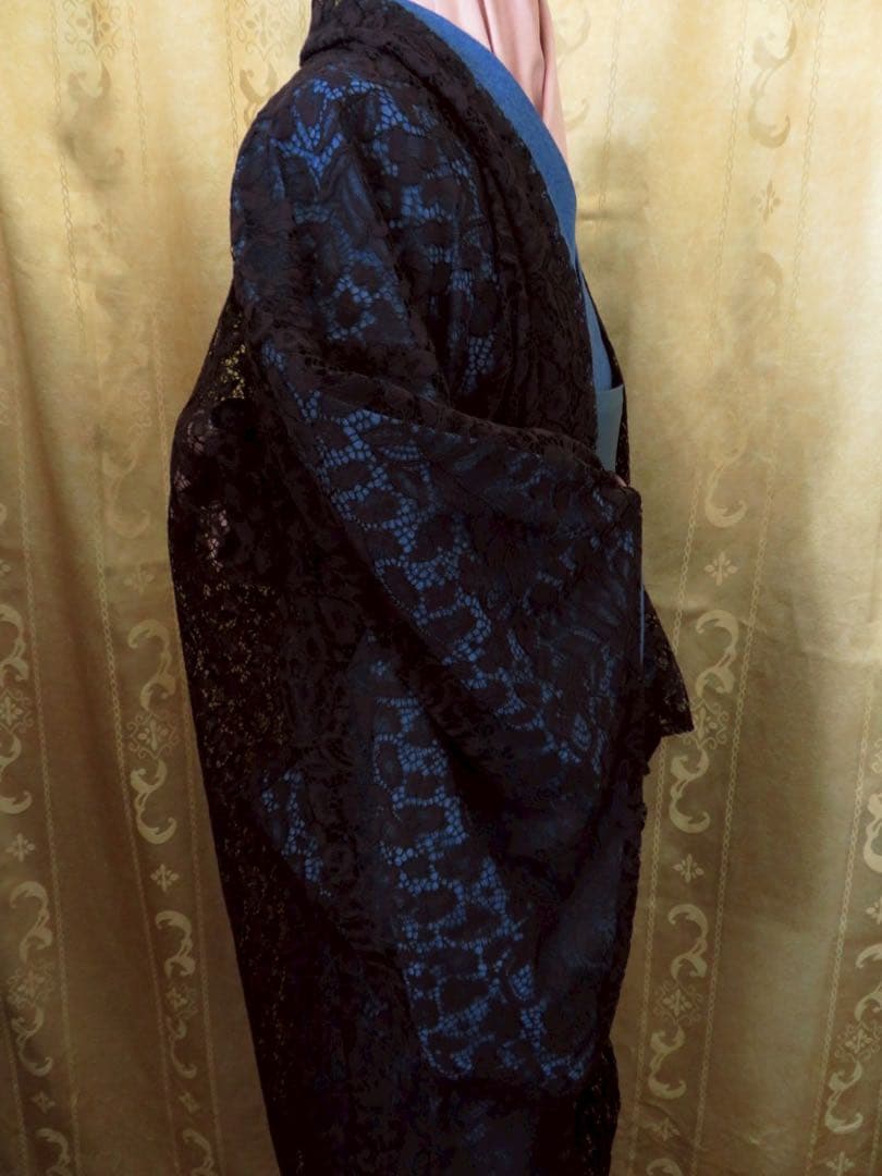 カ*マ様 お値下げしました。日本製レースが美しい黒の長羽織　オートクチュールデザ