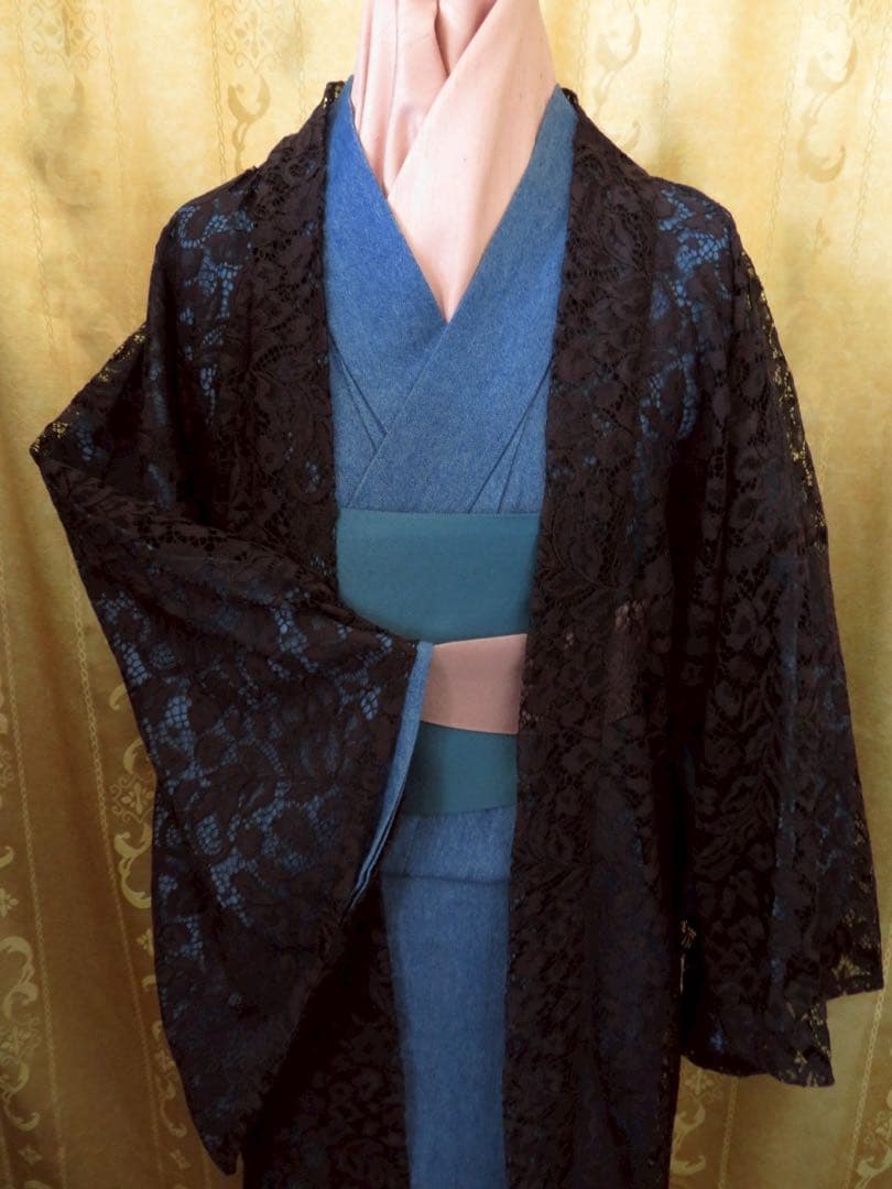 カ*マ様 お値下げしました。日本製レースが美しい黒の長羽織　オートクチュールデザ