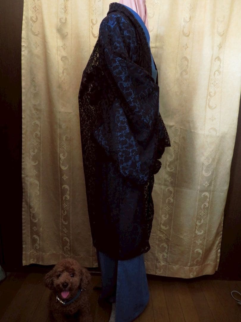 カ*マ様 お値下げしました。日本製レースが美しい黒の長羽織　オートクチュールデザ