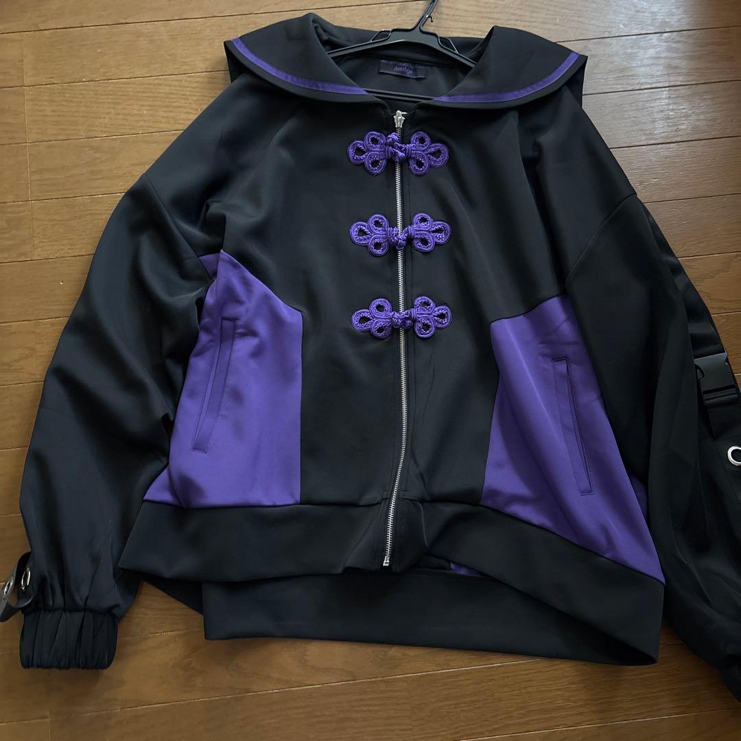 Amilige チャイナボタン付き配色セーラーZIPパーカー