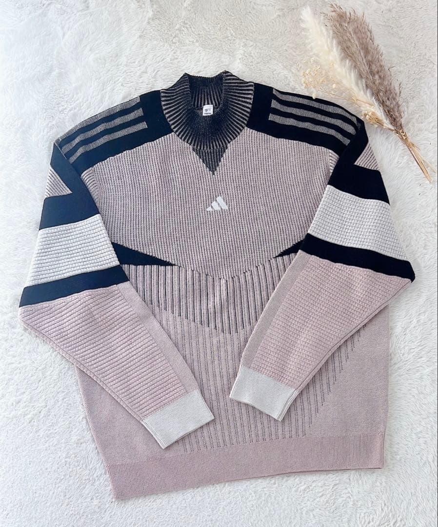 adidas アディダスニットセットアップ 長袖 ロゴ入りピンクベージュブラック