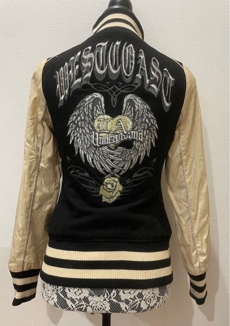 y2k.d.i.a.ダイヤ♡ハートフェザーローズ柄刺繍☆スカジャン☆ジャケット☆