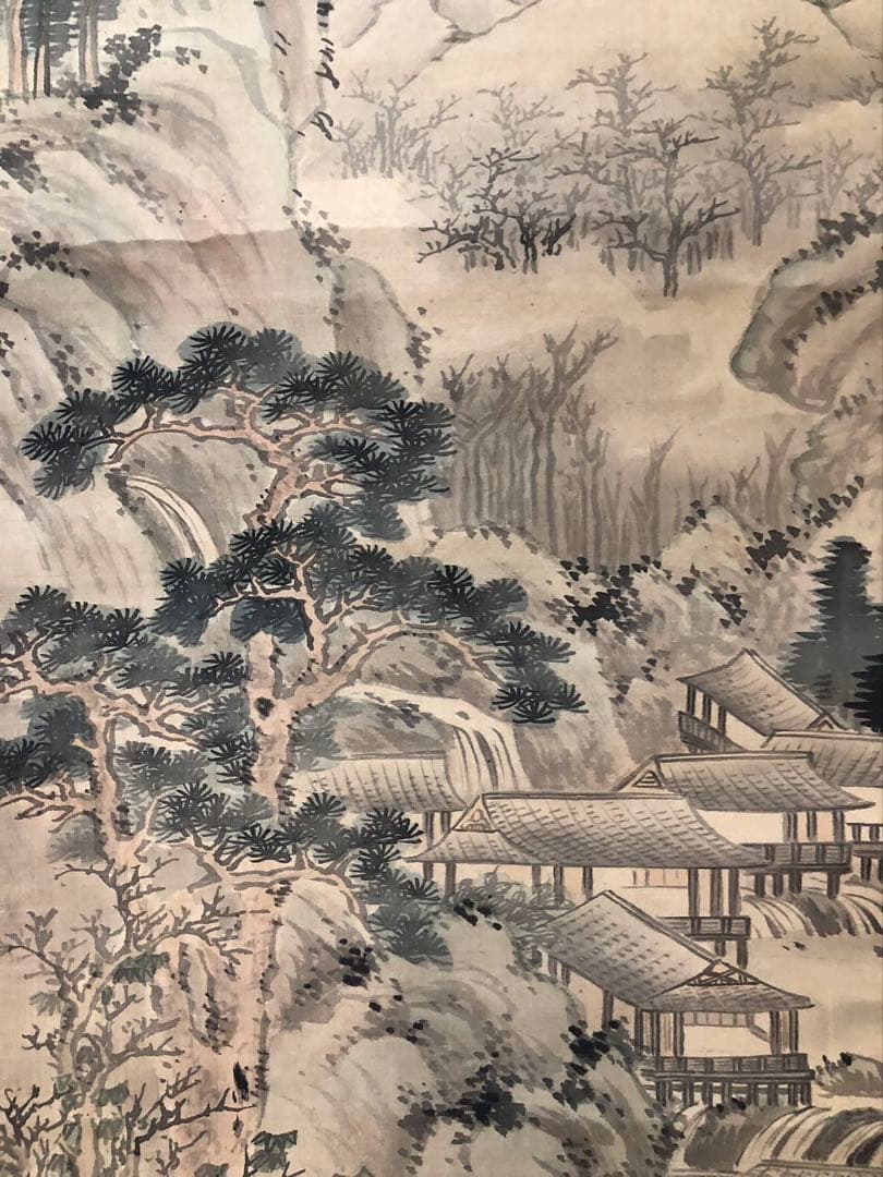 掛け軸２点／84、85［山水楼亭之図］＆［赤牡丹］肉筆　木箱無し！