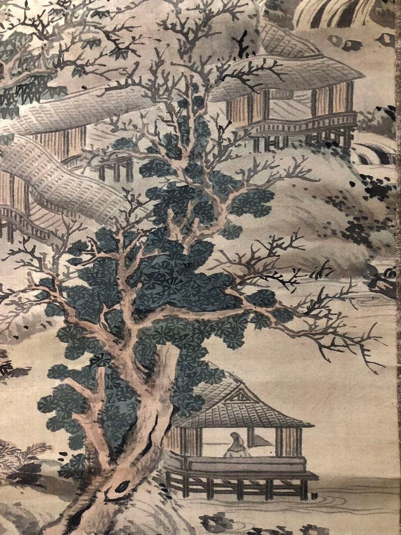 掛け軸２点／84、85［山水楼亭之図］＆［赤牡丹］肉筆　木箱無し！