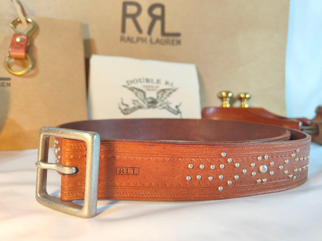 【極美品】RLL ローレンラルフローレン　高級スタッズレザーベルト　厚本革正規品