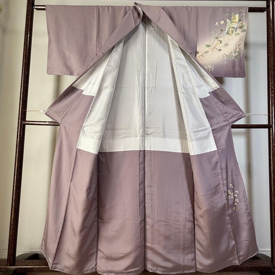 しつけ付　訪問着　広襟　正絹　袷　着物　現代　藤色　紫　薄紫　金彩　158裄64