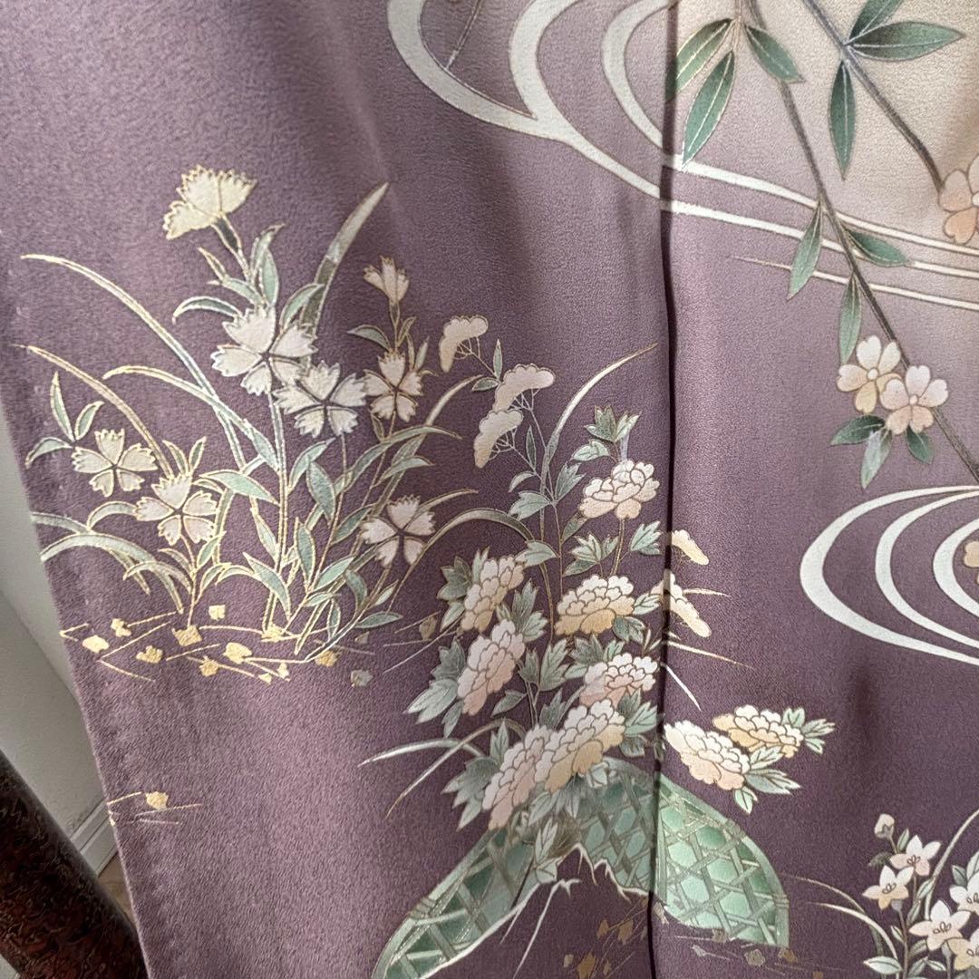 しつけ付　訪問着　広襟　正絹　袷　着物　現代　藤色　紫　薄紫　金彩　158裄64