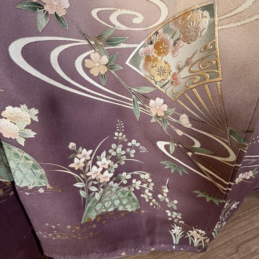 しつけ付　訪問着　広襟　正絹　袷　着物　現代　藤色　紫　薄紫　金彩　158裄64