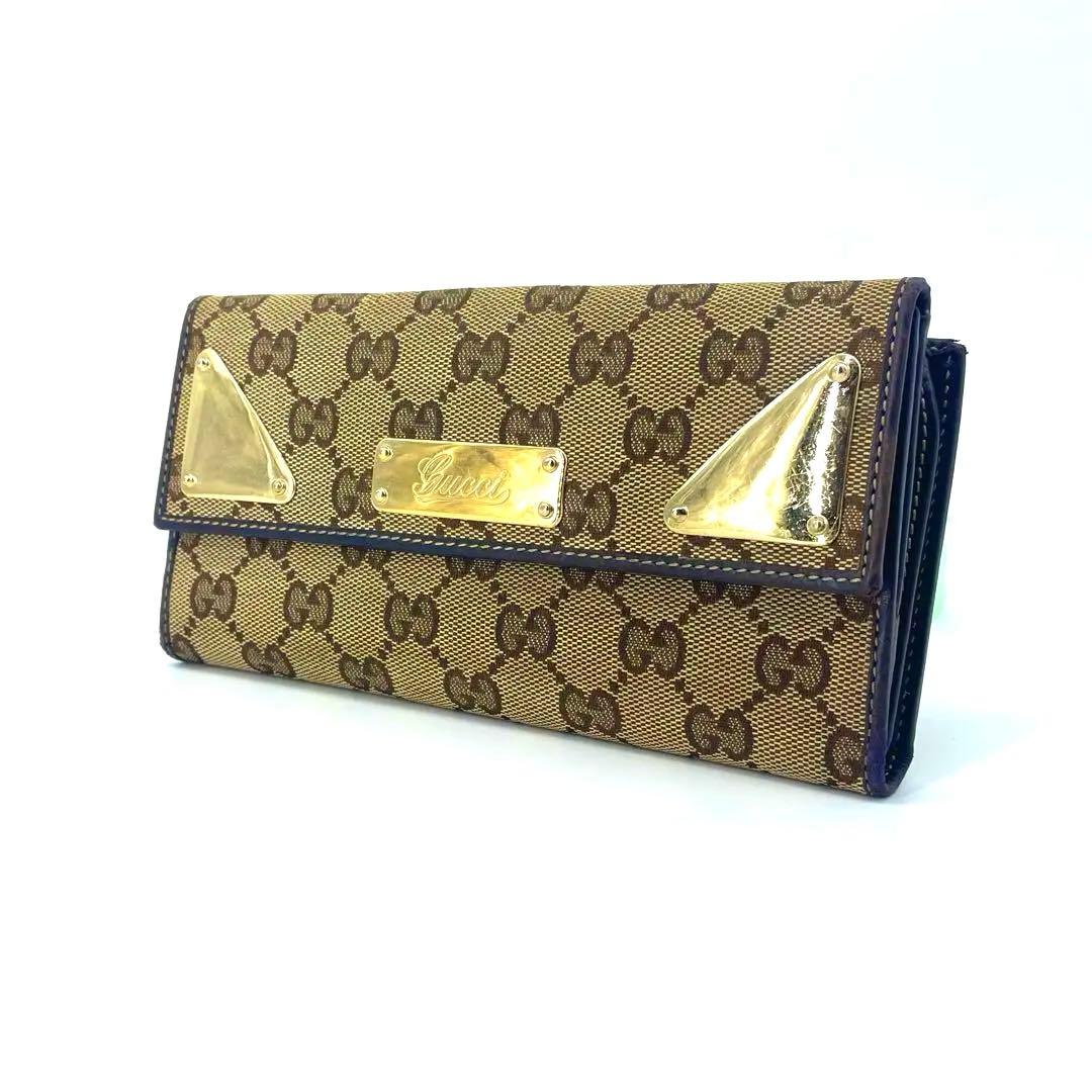 美品✨グッチ GGキャンバス 三角 ゴールドプレート Wホック 長財布 8カード