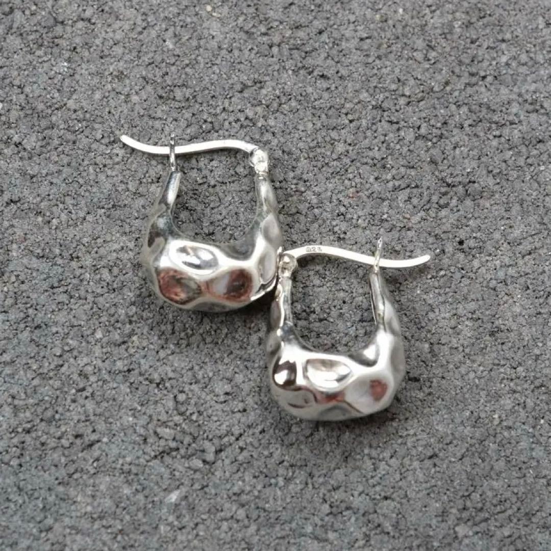 シルバー925 Silver タタキデザインフープピアス/軽研磨仕上げ/両耳