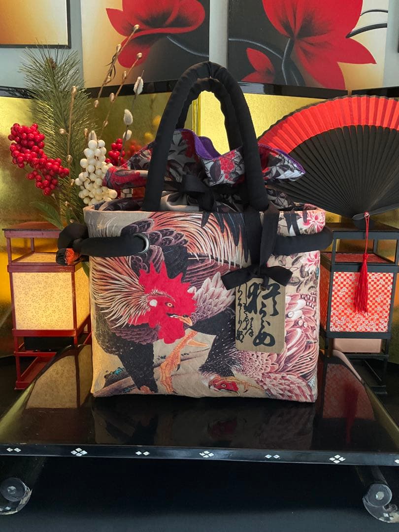 一閑張り　一閑張りバッグ　古文書　和紙　大正　着物　竹籠 伊藤若冲　紫陽花双鶏図