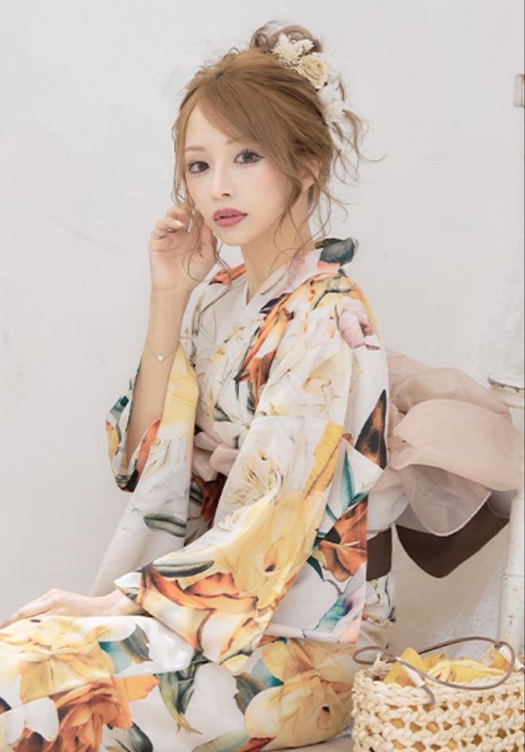 Sugarフラワー黄色浴衣 帯、下駄付き