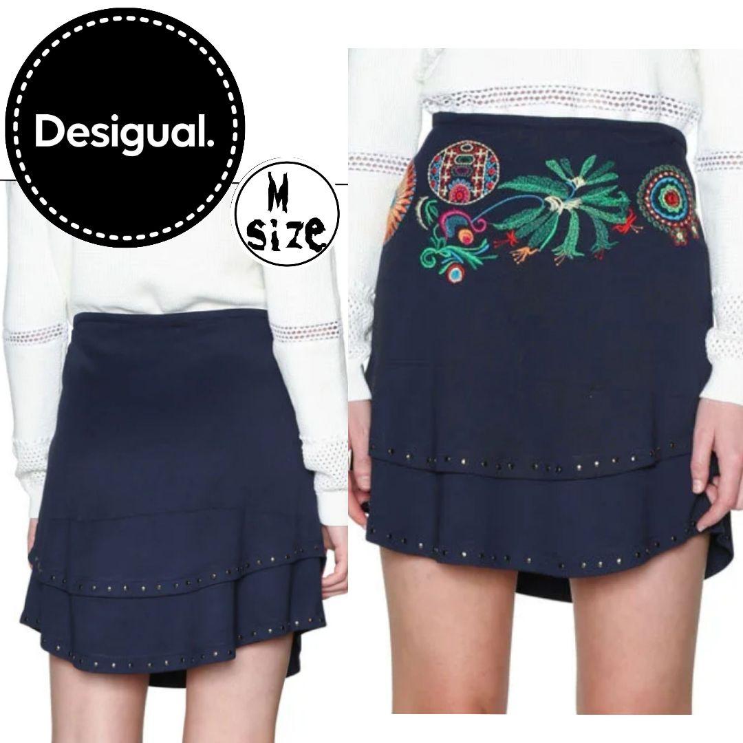 Desigual ネイビーレイヤード刺繍スカート試着のみ美品 リゾートワンピース