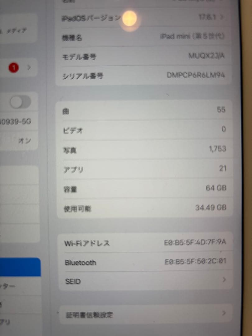美品iPad mini ５世代 スペースグレイ WiFiモデル