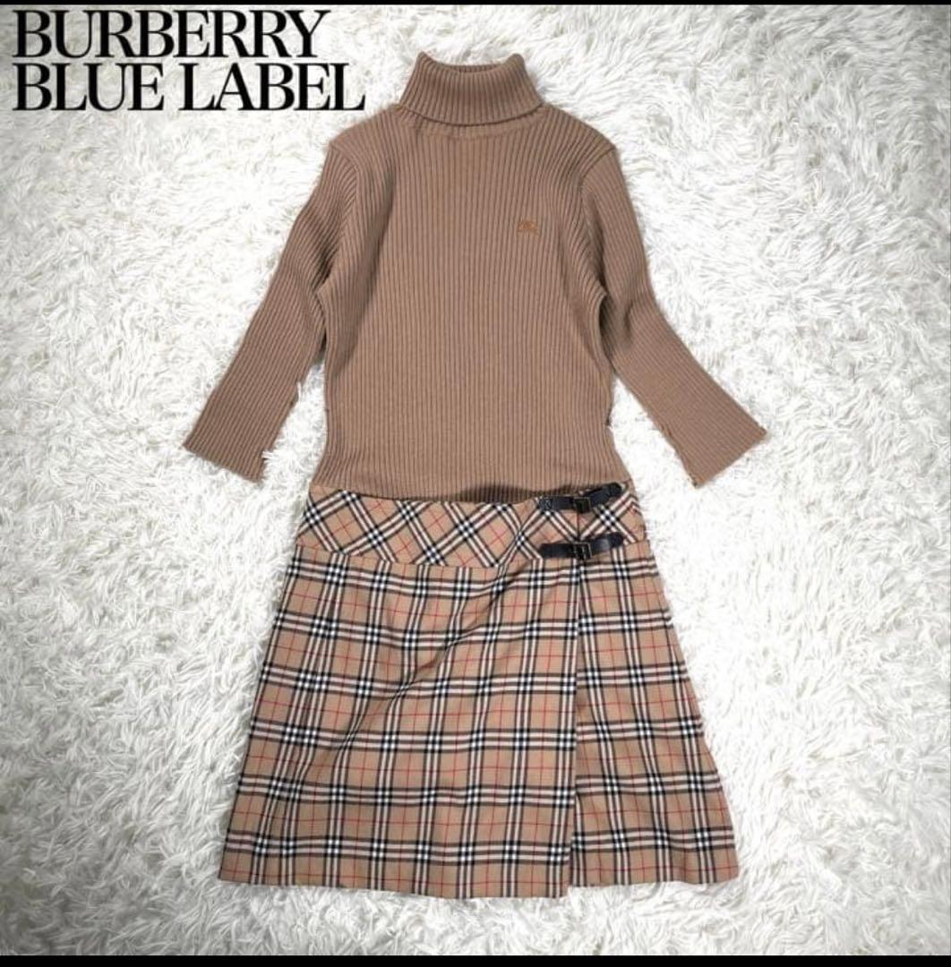 バーバリーブルーレーベル　ノバチェック柄タートルネックニットドッキングワンピース